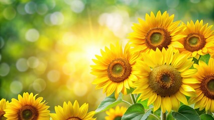 Obraz premium Vibrant yellow sunflowers with lush green leaves against a bright and airy background