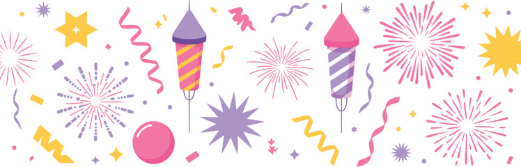 Obraz premium Colorful festive fireworks and party rocket illustration set with stars confetti celebration holiday event background playful design art