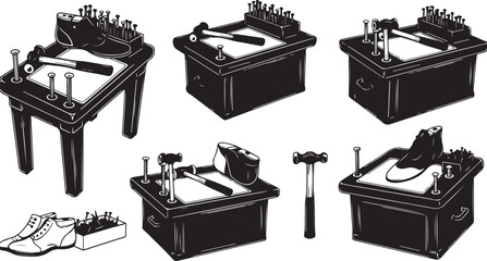 Black and white shoe repair tools and equipment illustration