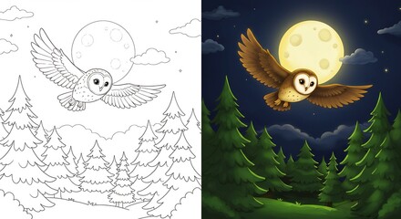 Obraz premium Cartoon owl flying under a full moon over a pine forest at night shown alongside its blackandwhite coloring page