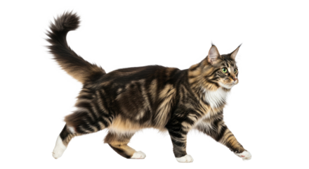 A brown and black striped Maine Coon cat walking on a png transparent