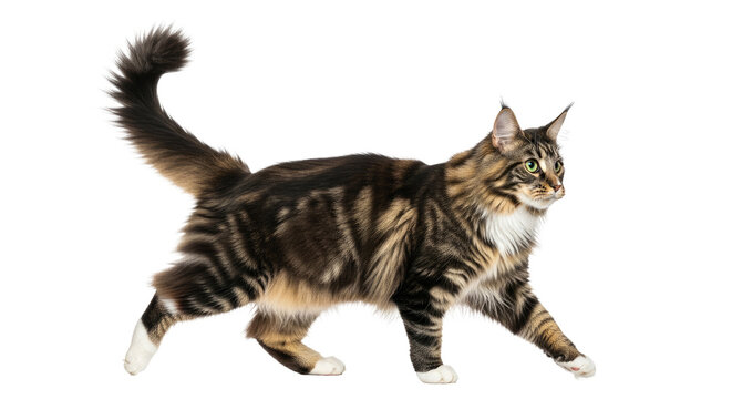 A brown and black striped Maine Coon cat walking on a png transparent