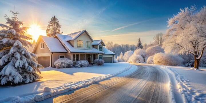 Frosty morning scene with a snow-covered driveway and a warm house in the background