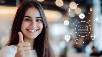 Woman thumbs up with digital icons