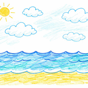 Childlike beach drawing with sun clouds blue ocean waves yellow sand and crayon texture showing simple seaside holiday summer travel memory and playful classroom art style for kids