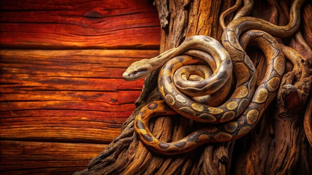 A wooden snake wrapped around a tree trunk with gnarled roots on a warm red wooden background