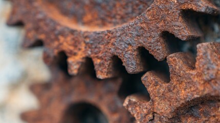 Rusty gears stacked closely on a surface with a focus on details and texture