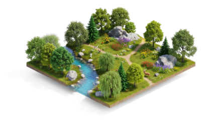 A serene garden scene with a stream, trees, flowers, rocks, and a pathway leading to a pond.