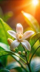 Delicate petals of orange jasmine flower unfolding slowly in sunlight