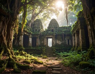 Ancient stone temple in a vibrant green forest, bathed in sunlight. Overgrown with moss and roots, creating an enchanting scene