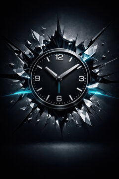Exploding shattered glass effect around black analog clock face with glowing blue light beams dramatic time concept for deadline stress countdown poster modern technology background