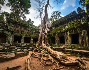 Ancient stone temple embraced by massive tree roots, covered in moss, under a bright blue sky