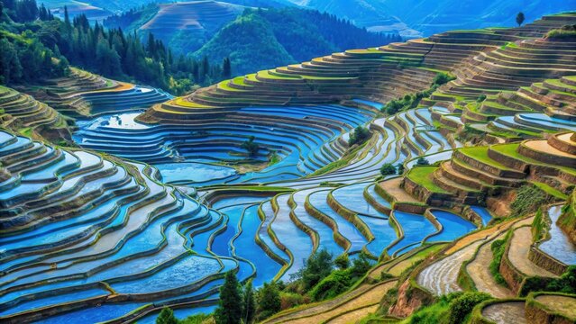 Steeply sloping blue rice terraces in Yunnan Province China