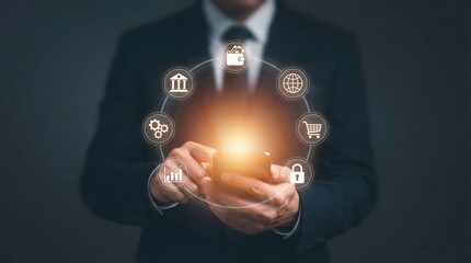A businessman interacts with a futuristic digital interface, surrounded by icons representing finance, technology, and innovation, conveying a sense of modern business