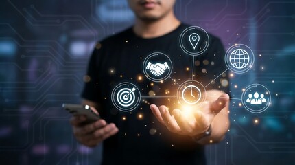 Man engaged with a futuristic interface on his smartphone, surrounded by icons representing global connection, teamwork, and innovation.