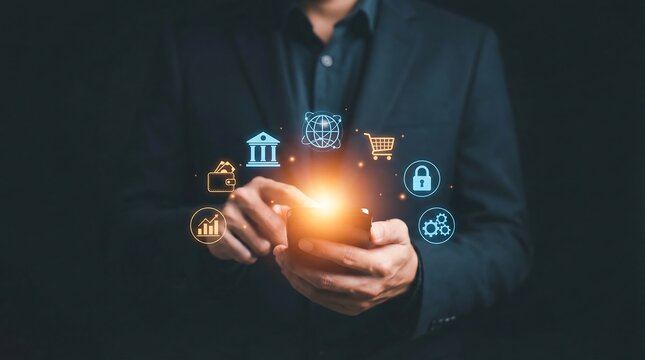 Businessman engaging with innovative financial technology on his smartphone, symbolizing modern business and digital finance solutions - Powered by Adobe