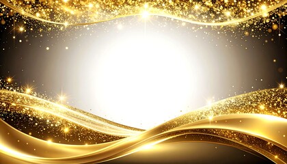 Elegant abstract design with golden ribbons, sparkling lights, and a central, bright frame
