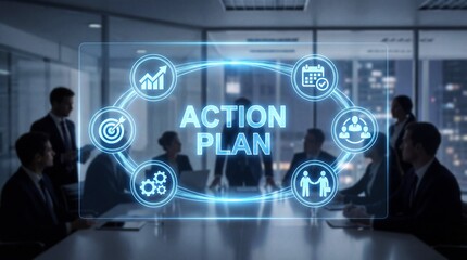 Business team meeting discussing digital action plan strategy with holographic interface icons