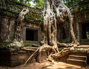 Ancient stone temple with extensive tree roots enveloping its structures, showcasing a blend of nature and architecture