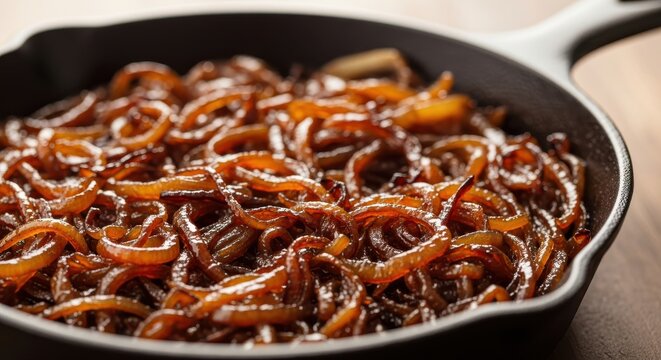 Rich brown caramelized onions cook slowly in a dark metal skillet