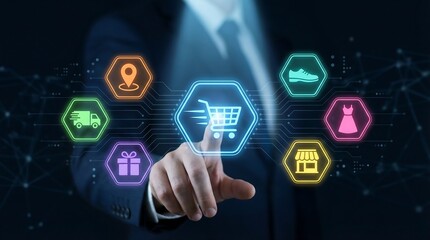 Businessman engaging with digital shopping cart interface, symbolizing e-commerce and online retail innovation