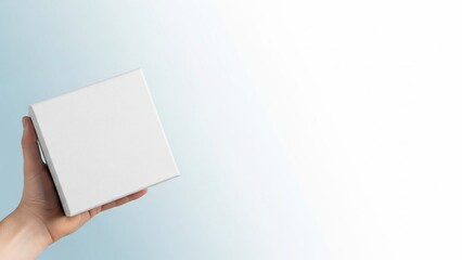 Obraz premium Hand Holding White Box Against Blue Background.