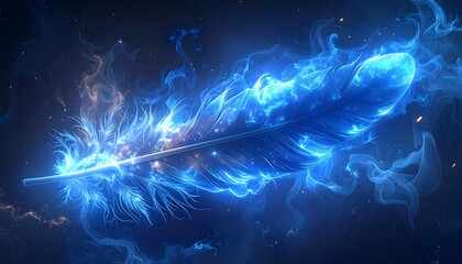 A blue glowing feather with a sharp quill and flowing plume surrounded by smoke