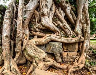 Ancient stone wall embraced by large tree roots, weathered and intertwined, with visible block construction