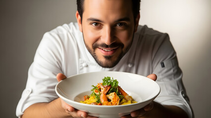 A professional chef proudly presents a beautifully plated seafood dish, showcasing culinary expertise and fine dining