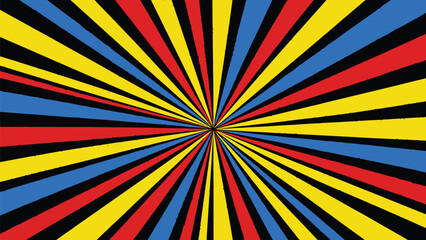 Vibrant multicolored sunburst pattern with dynamic red, yellow, and blue rays