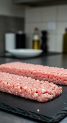 Raw Ground Meat Patties on Slate - Kitchen Prep Close-Up