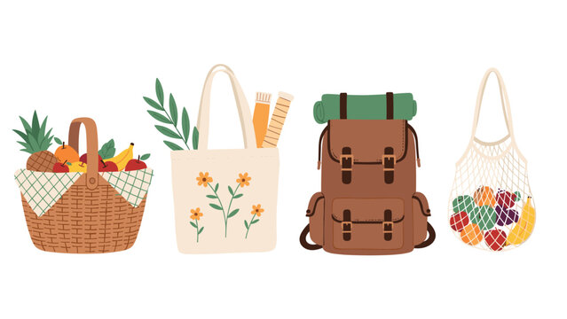 A versatile collection of four different bags for various activities: a picnic basket, a tote bag, a hiking backpack, and a mesh grocery bag.