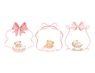 Watercolor Illustration Set of Pink-Ribbon Frame with Baby Bears