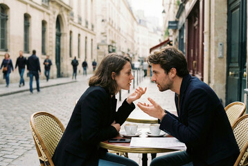 Serious Couple Having Deep Conversation At European Outdoor Cafe