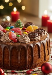 Festive Holiday Cake: Chocolate Drizzle & Candlelit Glow