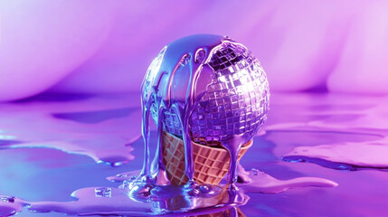 Surreal disco ball ice cream scoop melting with metallic purple glaze on a waffle cone under vibrant neon light, conceptual studio still life celebrating nightlife and dessert fusion