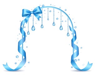 Elegant blue arch design, featuring ribbon, bow, and dangling water droplets