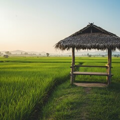 Sunrise Serenity: Thatched Hut Amidst Lush Green Rice Fields