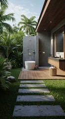 Tropical Oasis: 3D Render of Serene Outdoor Bathroom
