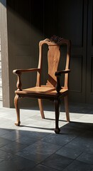 Sunlit Wood Chair: Moment of Stillness, Dark Walls