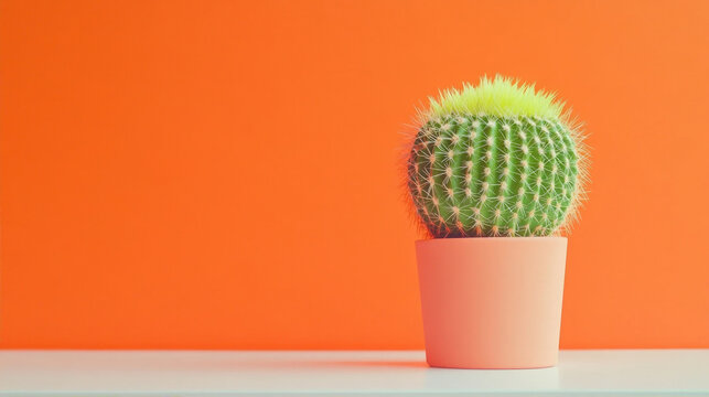 A vibrant green golden barrel cactus in a terracotta pot sits on a white surface against a bright orange wall, offering plenty of negative space for text.