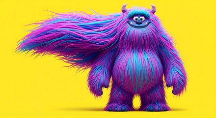 Colorful furry monster with long hair and horns standing on yellow background looking happy and friendly with wind blown fur big eyes and smile concept art