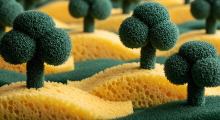 Sponge landscape with green trees on yellow hills abstract textured scenery with natural shapes and colors