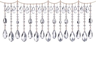 Elegant, cascading crystal droplets suspended from a thin golden wire, isolated on white