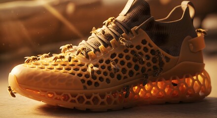 Close up of innovative honeycomb textured sneaker with glowing orange sole on floor