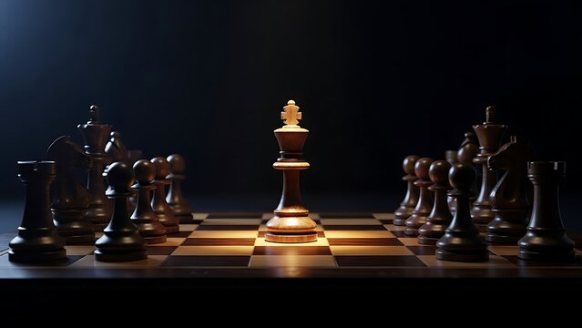 A dramatic chessboard scene focused on a central illuminated king piece surrounded by other pieces on a dark background with contrasting lighting