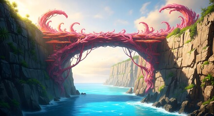 Fantasy pink bridge over ocean between cliffs with blue water and sunny sky