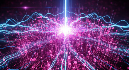 Vibrant pink and blue neon light trails emanating from glowing center