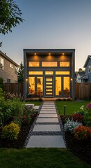 Modern Home Glow: Dusk Light Over Garden Path