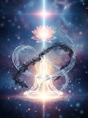 Fototapeta premium High-quality 3D digital art of a meditating soul with water swirls and pink lotus in starry space. Ideal for esoteric book covers, meditation guides, yoga studio branding, and spiritual wellness apps